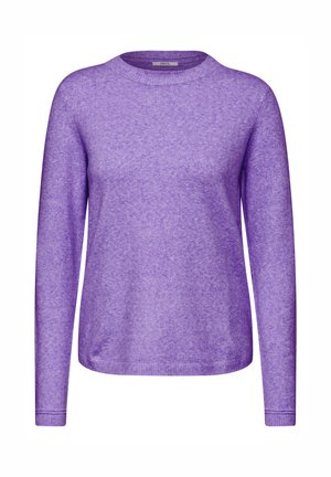 Pull violet à manches longues en tissu texturé, avec un col rond et des bords-côtes. Design simple avec une coupe décontractée.