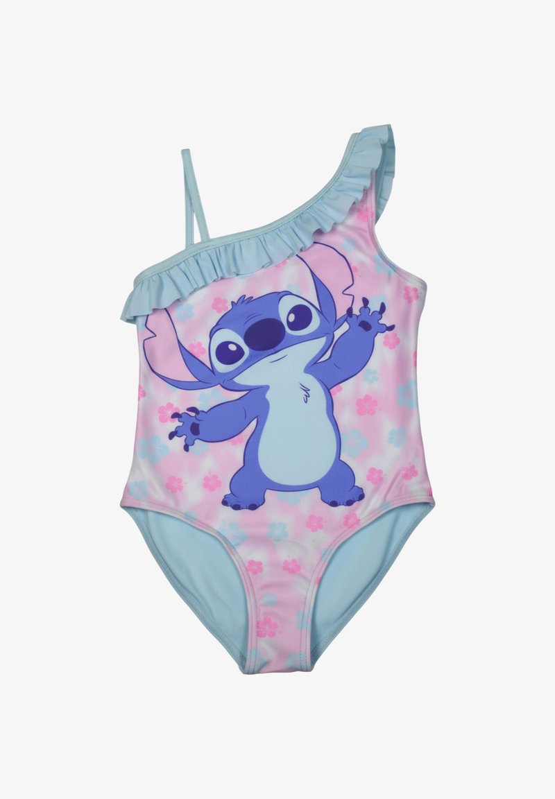One-shoulder light blue swimsuit with ruffle trim, featuring a large graphic of the blue character Stitch on a pink and blue floral background.
