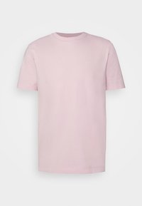 Pink cotton t-shirt with a crew neckline and short sleeves; features discreet logo on the left chest area; smooth texture.