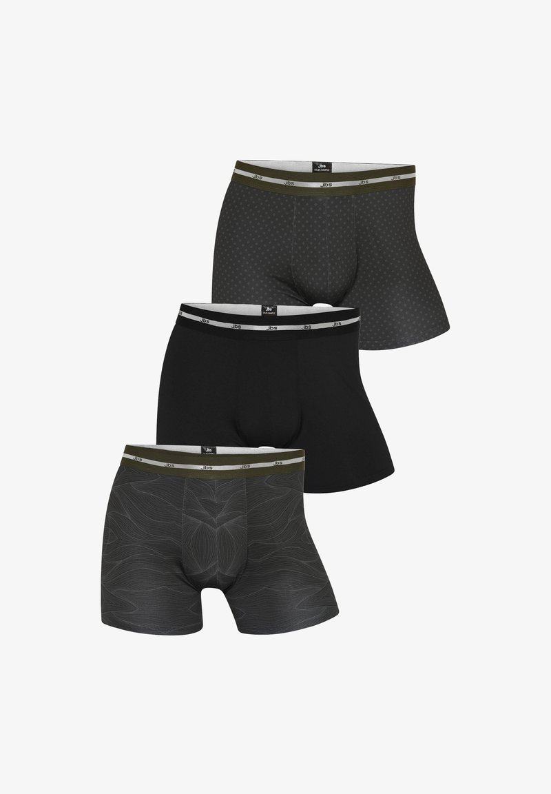 Three pairs of men's boxer briefs: one solid black, one with a subtle pattern in dark gray, and one in gray with a wavy texture. All feature elastic waistbands.