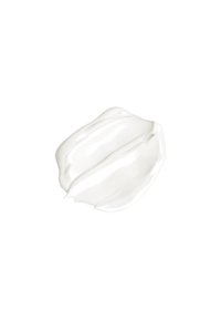 Hvit krem med en glatt tekstur, som fremstår tykk og blank, spredt i en dråpeform på en hvit bakgrunn.