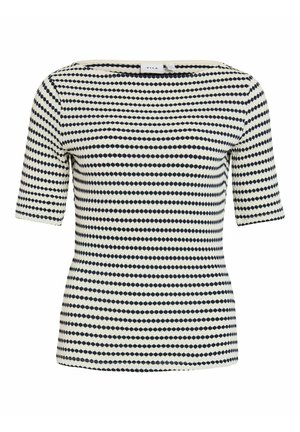 Haut blanc à manches courtes avec des rangées horizontales de points ovales noirs uniformément espacés, encolure ronde, coupe ajustée.