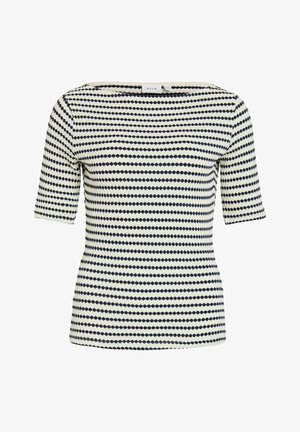 Kratek beli top s kratkimi rokavi z vodoravnimi vrstami enakomerno razporejenih črnih ovalnih pik, okrogel izrez, prilagojena oblika.