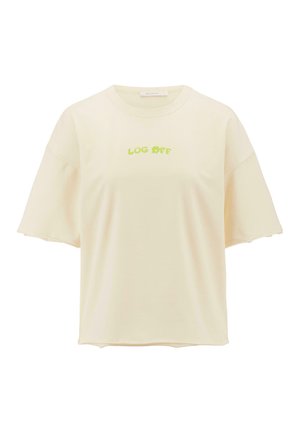 Cremfarbendes, übergroßes T-Shirt aus weichem Stoff, mit kurzen Ärmeln und runder Ausschnittform; zeigt "LOG OFF" in grüner Schrift.