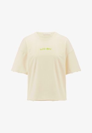 Cremfarbendes, übergroßes T-Shirt aus weichem Stoff, mit kurzen Ärmeln und runder Ausschnittform; zeigt "LOG OFF" in grüner Schrift.