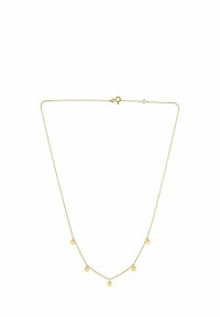 Collar de color dorado con una cadena delicada y cinco colgantes circulares espaciados uniformemente. El diseño es simple y elegante.