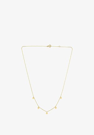 Kullavärvi kaelakee, millel on peen kett ja viis ühtlaselt paigutatud ümara kujuga ripatsit. Disain on lihtne ja elegantne.