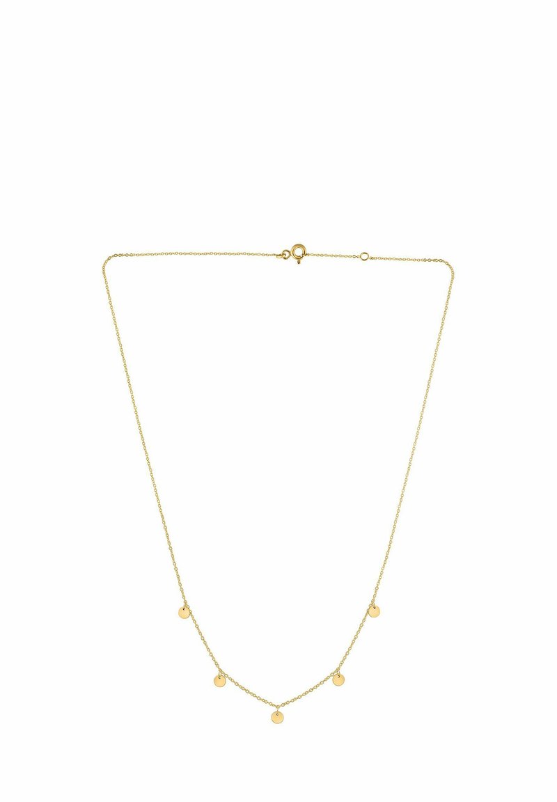 Collar de color dorado con una cadena delicada y cinco colgantes circulares espaciados uniformemente. El diseño es simple y elegante.