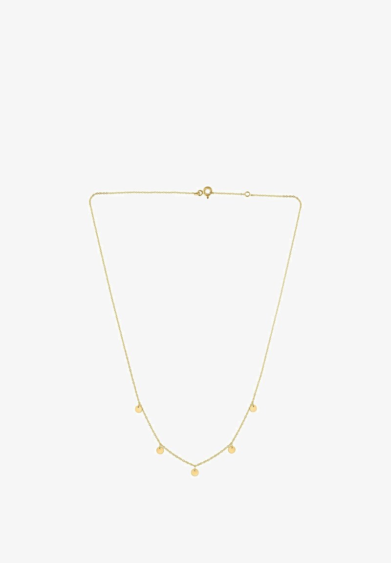 Collar de color dorado con una cadena delicada y cinco colgantes circulares espaciados uniformemente. El diseño es simple y elegante.