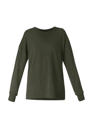 Olivgroene trui met lange mouwen, ronde hals, ontspannen pasvorm en geribbelde manchetten op een witte achtergrond.