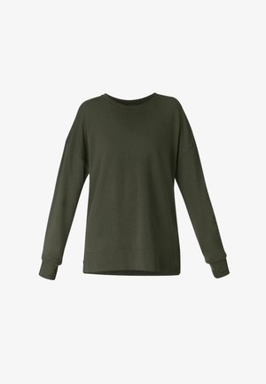 Olivgroene trui met lange mouwen, ronde hals, ontspannen pasvorm en geribbelde manchetten op een witte achtergrond.