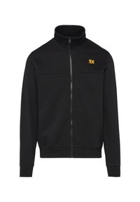 Schwarze Zip-Jacke mit hohem Kragen, aus einem weichen Material gefertigt. Verfügt über ein kleines gelbes Logo auf der linken Brust und gerippte Bündchen.
