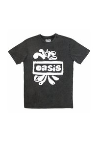 Black cotton t-shirt featuring a large white graphic design with the word "oasis" in a rectangular border, round neck, and short sleeves.