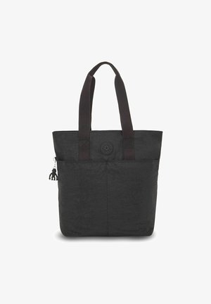 Borsa tote nera realizzata in materiale texturizzato; presenta due manici, un logo rotondo sulla parte anteriore e un piccolo charm removibile.