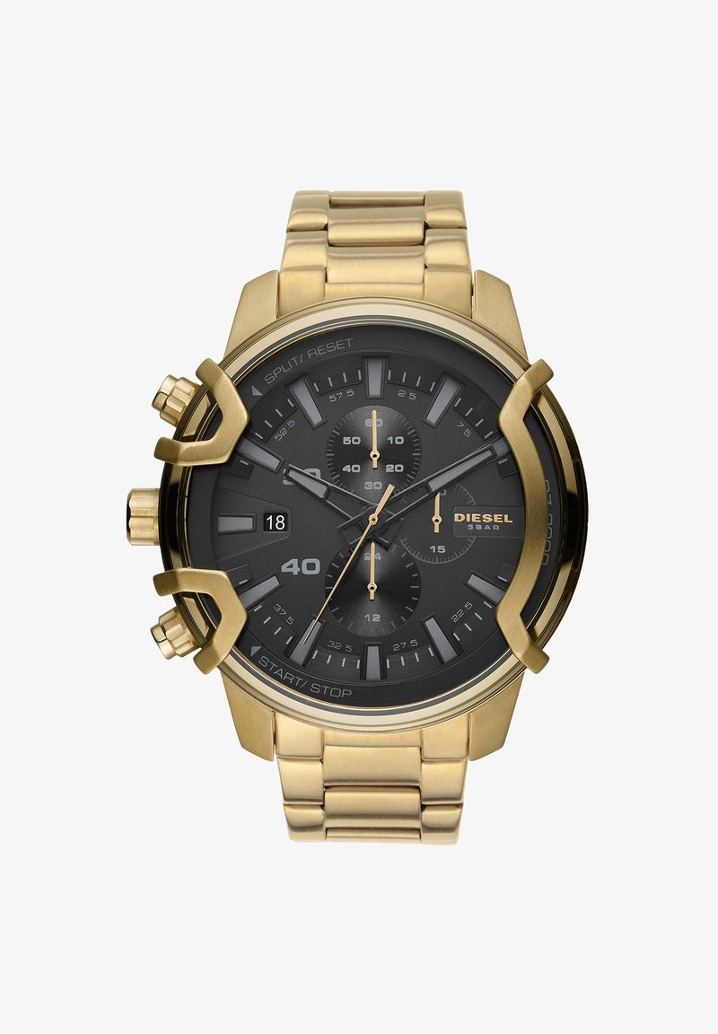 Gold metal chronograph watch with a black dial, three sub-dials, hour markers, and a date window. Features a link bracelet and prominent pushers.