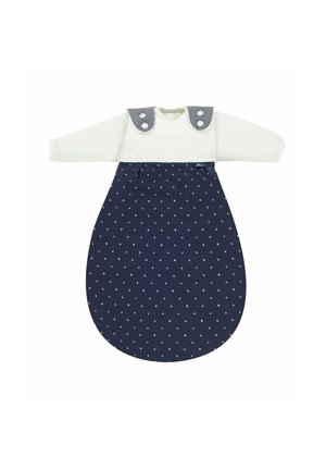 Child's sleeping bag with a white top and navy bottom featuring white stars and crescent patterns; includes gray striped shoulder accents.