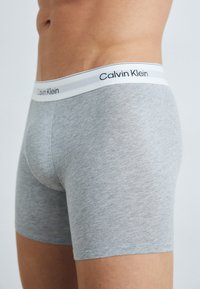 Sive pamučne bokserice s uskim krojem, s bijelim pojasom na kojem je istaknut logo "Calvin Klein" i suptilnom teksturom.