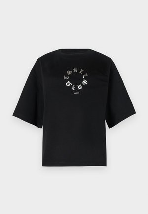 Czarny bawełniany T-shirt z krótkim rękawem, z okrągłym srebrnym wzorem graficznym z literami i napisem "LONDON" na dolnym środku.