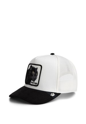 Weißer und schwarzer Trucker-Cap mit Netzrückseite und schwarzem Panther-Patch mit der Aufschrift "PANTHER" auf der Vorderseite.