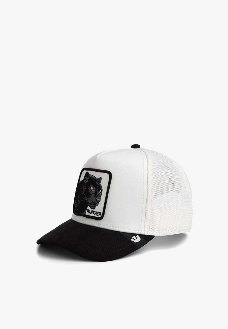 Gorra de camionero blanca y negra con parte trasera de malla y parche de pantera negra con la etiqueta "PANTHER" en el panel frontal.