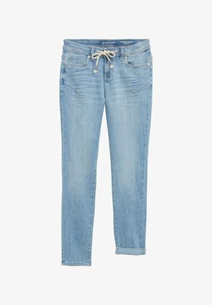 Light blue denim jeans with a straight fit, elastic drawstring waist, rolled cuffs, and front pockets. Designed with subtle fading.