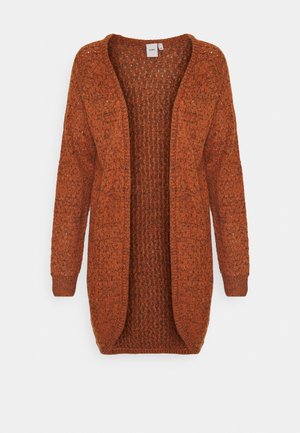 Cardigan long orange rouille à devant ouvert en tricot avec motif texturé et poignets côtelés, présenté sur un fond blanc.