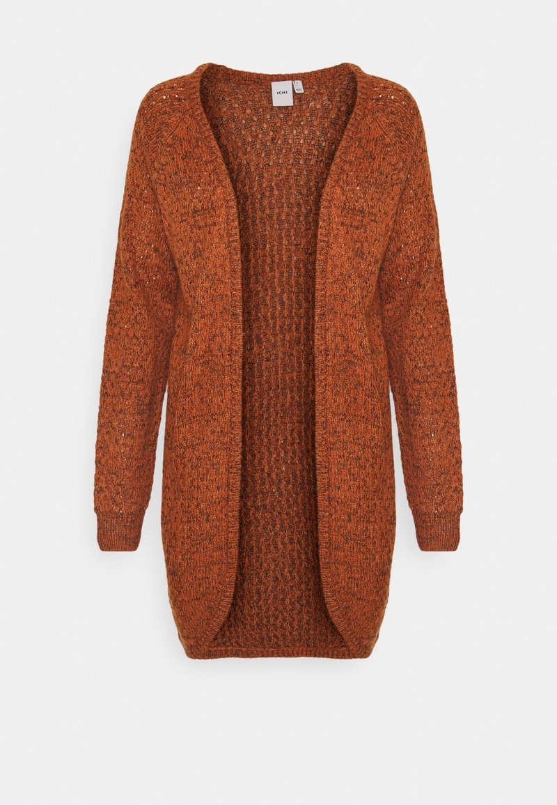 Cardigan long orange rouille à devant ouvert en tricot avec motif texturé et poignets côtelés, présenté sur un fond blanc.