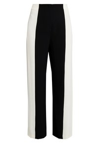 Högmidjade vida byxor med en vertikal svart mittpanel och vita sidopaneler, inga synliga fickor eller utsmyckningar.