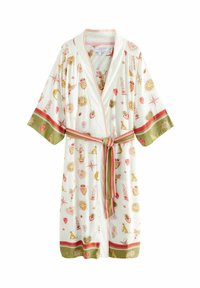 Robe bianco con illustrazioni colorate, tra cui soli, cuori e stelle. Presenta dettagli a strisce verdi e rosse e una vita legata.