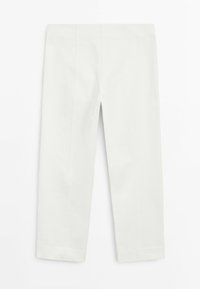 White cropped straight-leg pants with a smooth front and no visible pockets or fastenings shown flat on a white background.