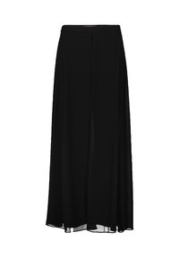 Jupe maxi noire en tissu léger, avec un design fluide et des fentes latérales pour une meilleure liberté de mouvement. Texture lisse et transparente.