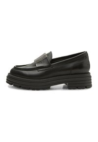 Black leather loafers with a rounded toe, featuring a silver chain accent on the front and a thick, textured rubber sole.