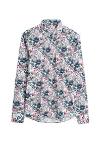 Langsleeve shirt met een bloemmotief in tinten van teal, roze en grijs, met een klassieke kraag en knopen aan de voorkant, gemaakt van lichte stof.