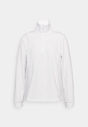 Pullover bianco in pile con colletto alto, chiusura a mezza zip e maniche lunghe. Texture morbida senza pattern o accenti visibili.