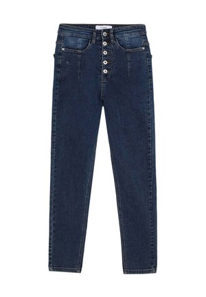 Jean en denim bleu foncé avec taille haute, fermeture à cinq boutons et deux poches avant. Présente une jambe slim et fuselée avec un léger délavage.