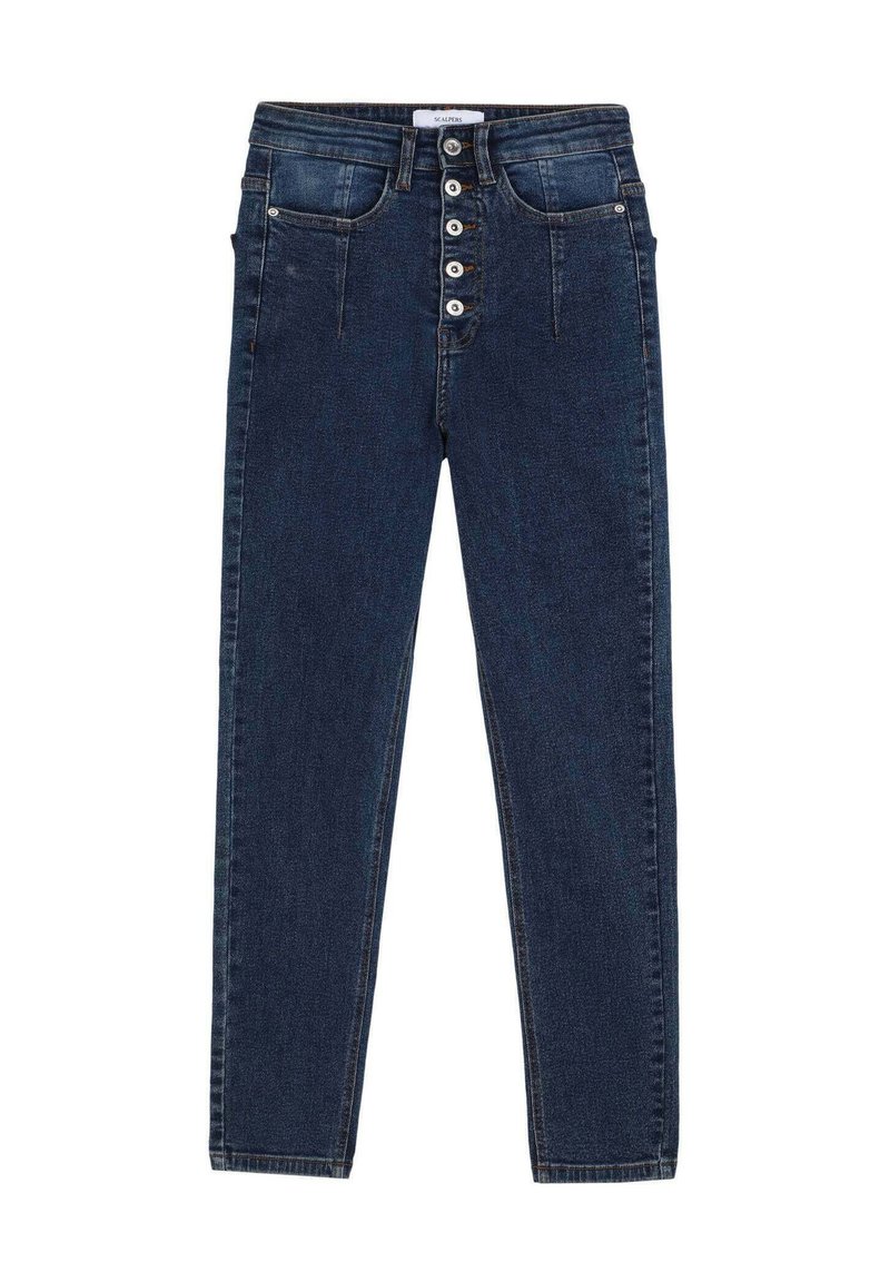 Jeans in denim blu scuro con vita alta, chiusura a cinque bottoni e due tasche frontali. Presentano una gamba slim e affusolata e un leggero scolorimento.
