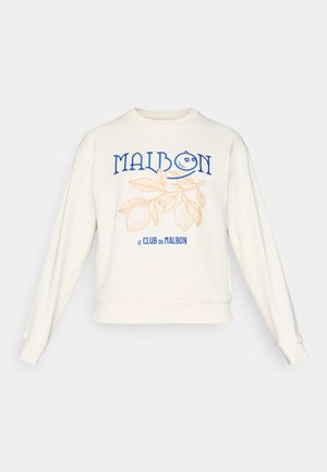 Kremgenser med ribbestrikkede mansjetter og hem, med blå og gull grafisk tekst "MAIBON" og bladdesign på fronten.