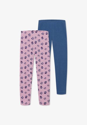 Twee paar legging: één roze met panda-patronen, de ander effen donkerblauw. Beide hebben een aansluitend ontwerp en een zachte, gestructureerde stof.