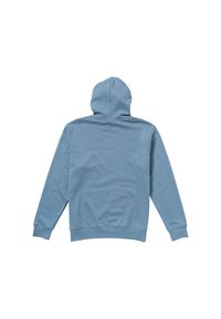 Haut à capuche bleu clair en tissu doux, doté d'une capuche, de manches longues et de poignets et d'une taille côtelés. La vue de dos montre une texture lisse.