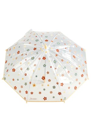 Clear umbrella with a floral pattern in red, yellow, and teal; features a rounded handle and yellow trim along the edges.