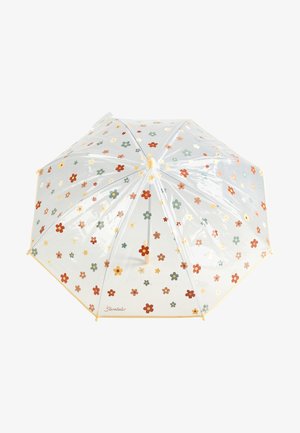 Clear umbrella with a floral pattern in red, yellow, and teal; features a rounded handle and yellow trim along the edges.