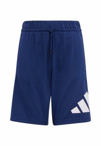 Short de sport bleu marine avec taille élastique et cordon, présentant un grand logo blanc incliné sur la partie inférieure de la jambe droite.