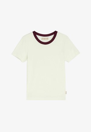 Kremowa koszulka z krótkim rękawem z bordowym ściągaczem przy dekolcie. Ma prosty krój i małą metkę z boku.