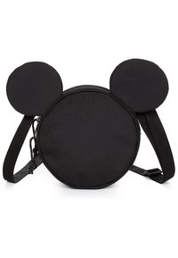 Borsa nera rotonda con due orecchie circolari in cima. Realizzata in tessuto resistente, presenta una chiusura con zip e spallacci regolabili. Superficie testurizzata.