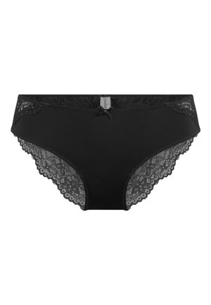 Čierne dámske bikiny s čipkovou ozdobou na páse a okrajoch nohavičiek, malou látkovou mašľou a stredovou štítkom.