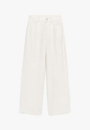 High-waist wide-leg white pants with front button and zipper closure, belt loops, and front pockets.