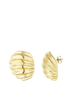 Pair of gold-tone ridged half-hoop stud earrings with butterfly backings on a white background.