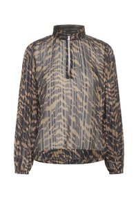 Pulóver ligero y transparente en estampado animal marrón y beige. Cuenta con un alto cuello, cierre de cremallera y puños y dobladillo elásticos.