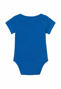 Rövid ujjú baba rugdalózó élénk kék pamutból. Kör alakú nyakkivágással, alul nyomógombos zárással és sima, mintázat nélküli textúrával rendelkezik.