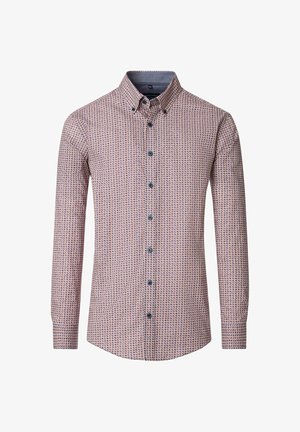 Langärmliges Hemd mit weißem Grund und geometrischem Muster in Rot und Blau. Mit Button-down-Kragen, dunkelblauen Knöpfen und taillierter Passform.